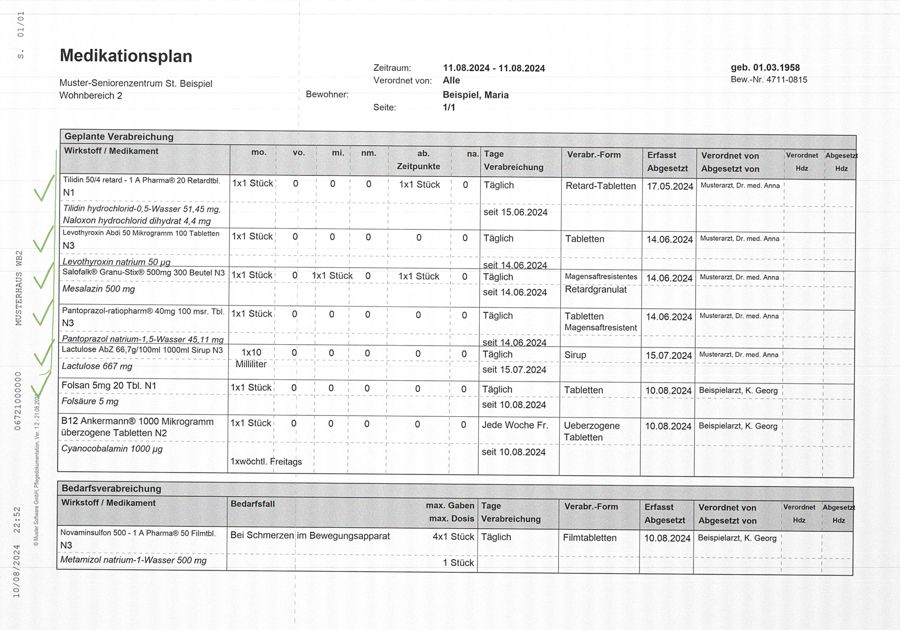 Heim-Medikationsliste (Verabreichungsplan), anonymisiertes Beispiel