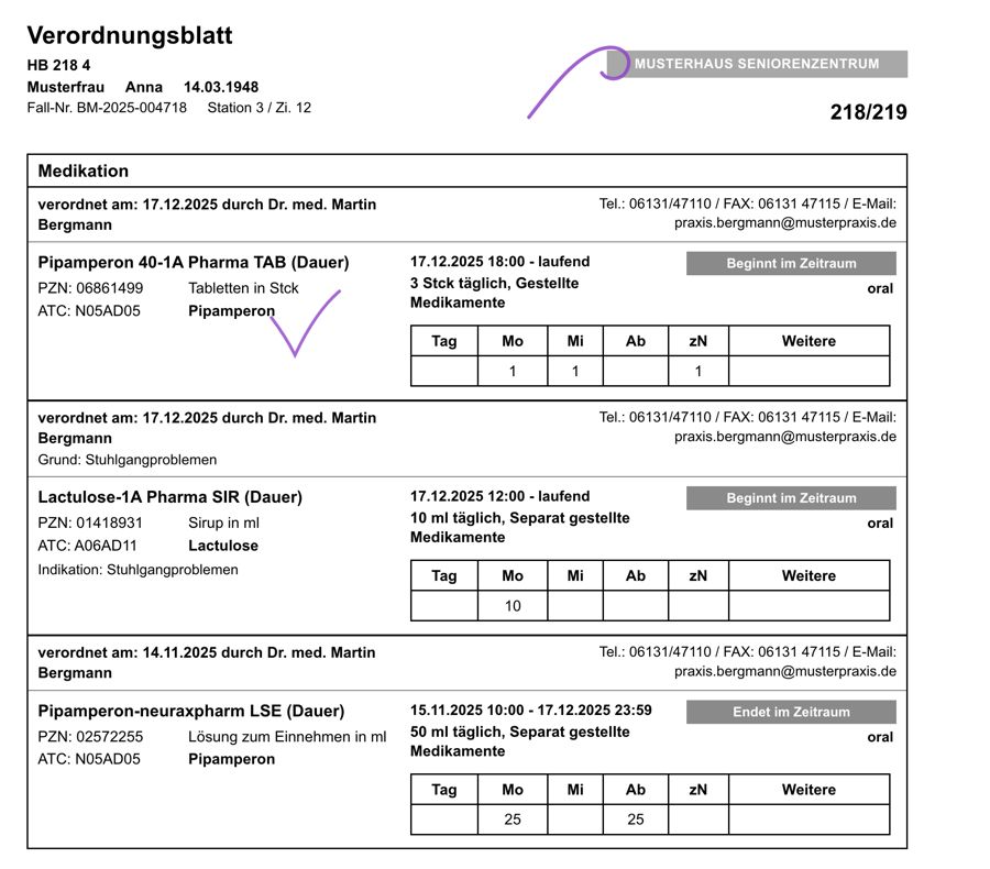 Verordnungsblatt, Blockform mit PZN, anonymisiertes Beispiel