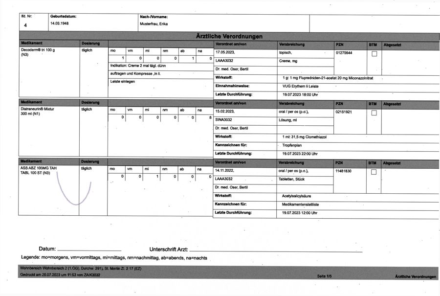 Ärztliche Verordnungen (Blockform), anonymisiertes Beispiel