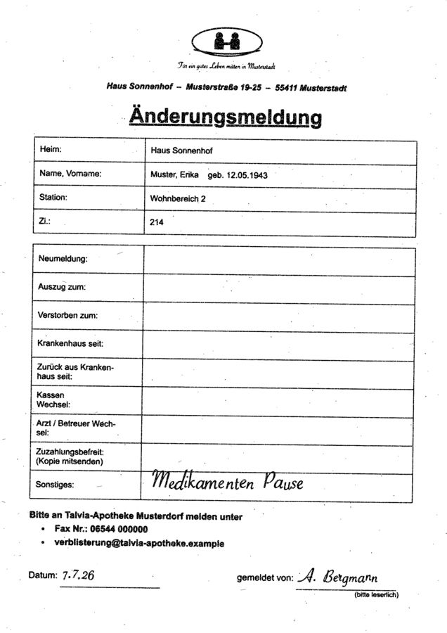 Änderungsmitteilung an die Apotheke, anonymisiertes Beispiel