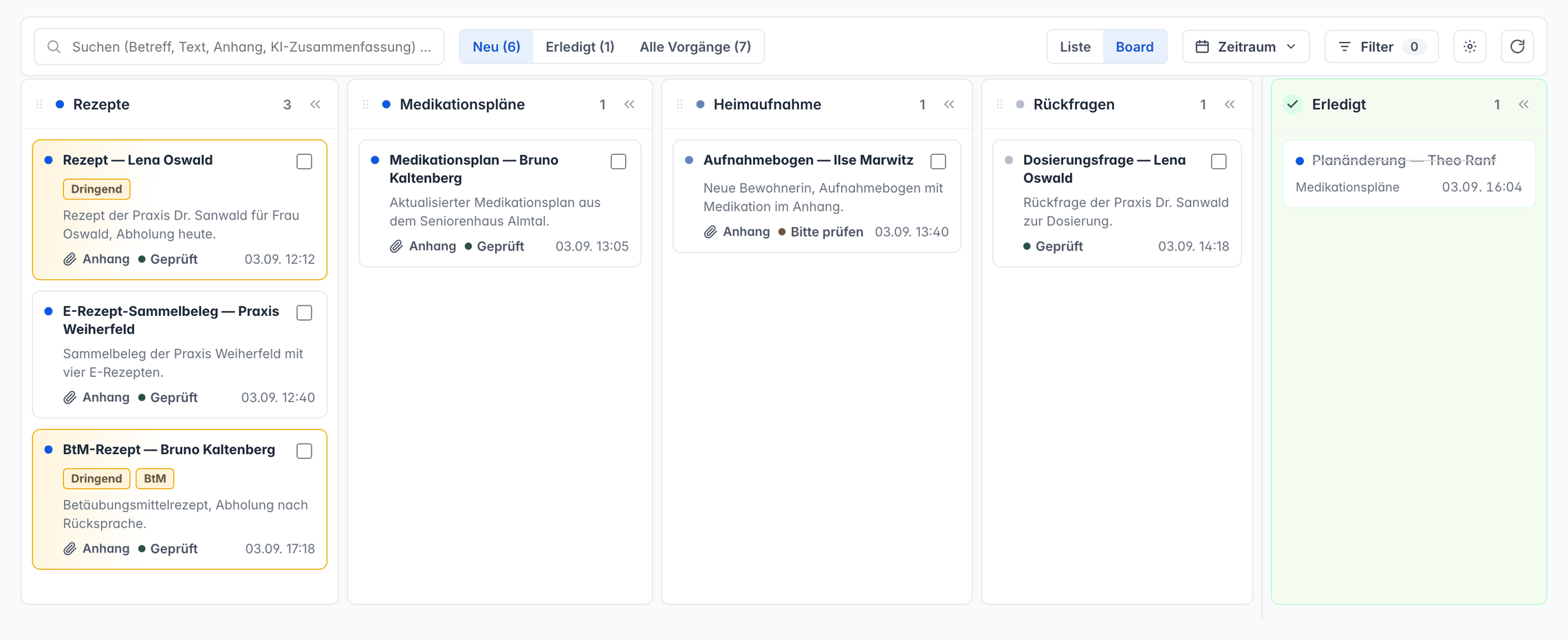 Board-Ansicht von apodienste Inbox mit je einer Spalte pro Kategorie