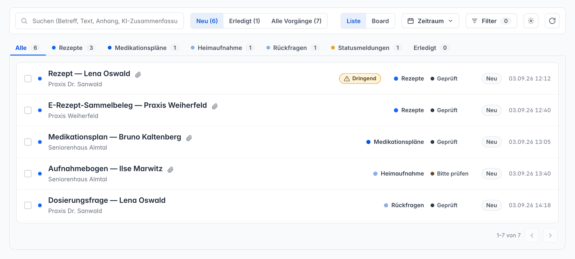 Listenansicht von apodienste Inbox mit Betreff, Kategorie, Status und Uhrzeit je Vorgang